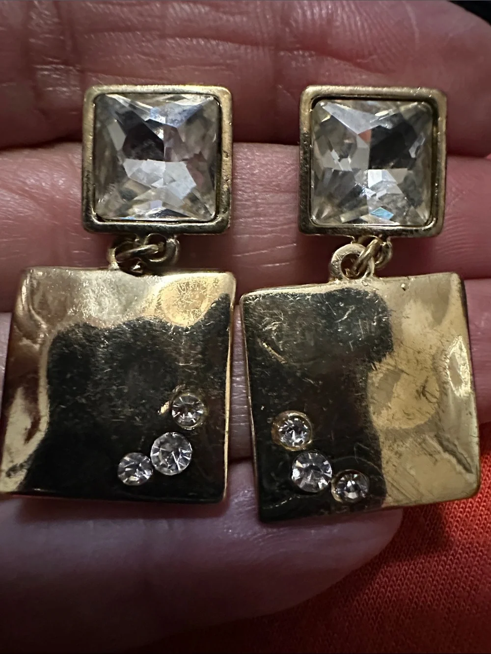 Gold Tone Square Drop POST Earrings with Clear Crystals Lightweight